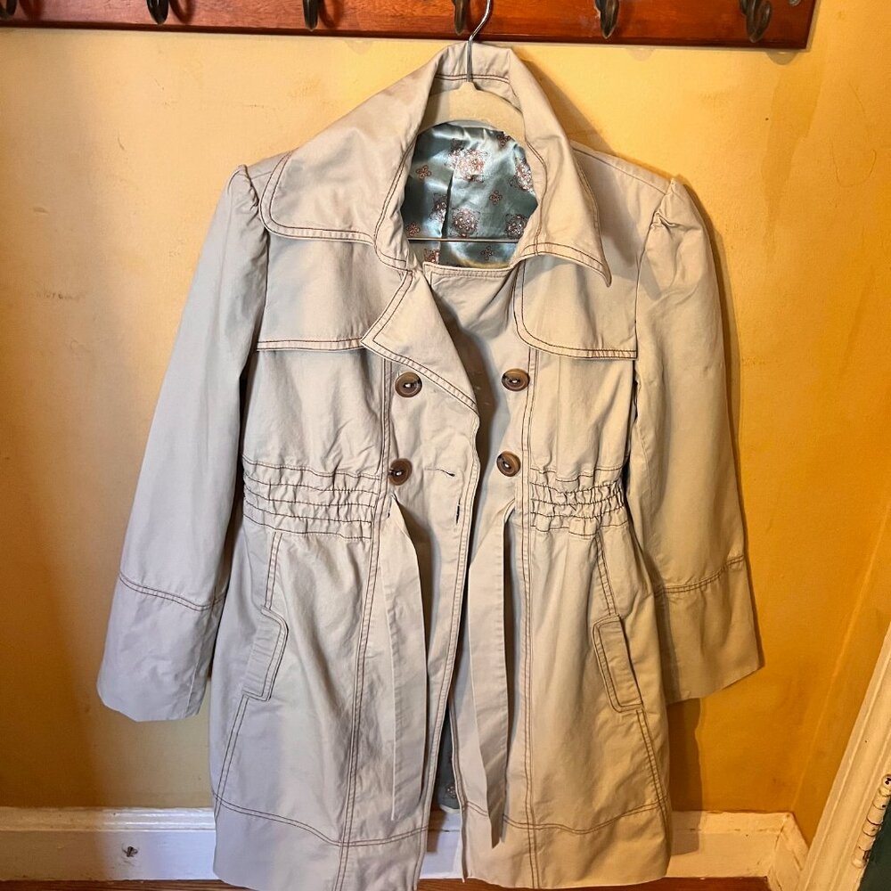 Vintage Trench Coat with Blue Paisley Silk Lining, Brown Stitching, Small